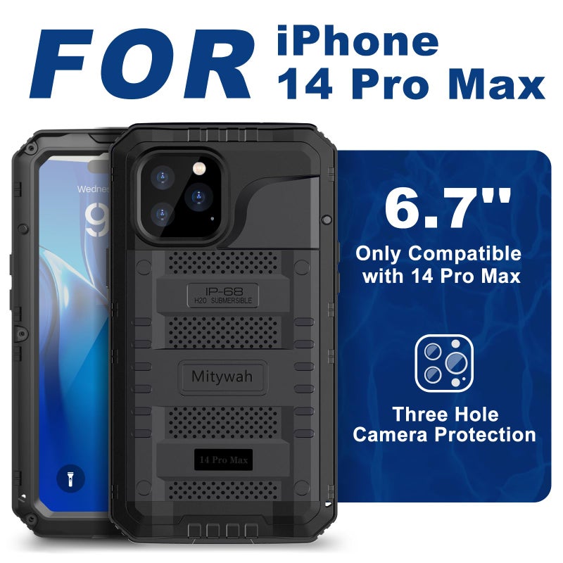 Mitywah Waterproof Case for iPhone 14 Pro Max, Heavy Duty Metal Case with Built-in Screen Protector, Military Grade Drop Protection Full Body Aluminum Protective Cover 6.7 inch, Black - Image 2