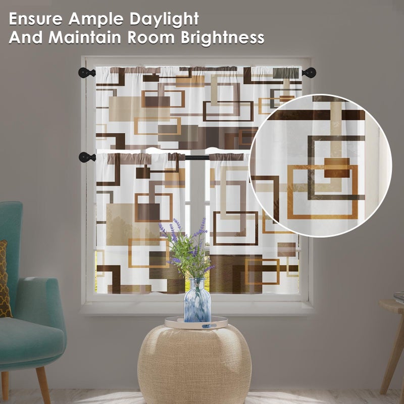 Tayney Brown Kitchen Window Curtains Valance and Tier Set 36 Inch, Abstract Squares Geometric Rod Pocket Short Tier Curtain for Bathroom, Modern Small Cafe Drapes for Kitchen Decor - Image 2