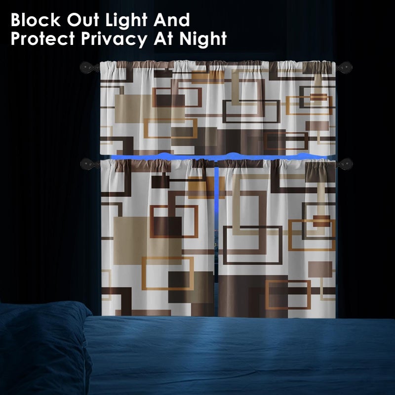Tayney Brown Kitchen Window Curtains Valance and Tier Set 36 Inch, Abstract Squares Geometric Rod Pocket Short Tier Curtain for Bathroom, Modern Small Cafe Drapes for Kitchen Decor - Image 3