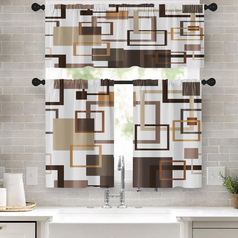 Tayney Brown Kitchen Window Curtains Valance and Tier Set 36 Inch, Abstract Squares Geometric Rod Pocket Short Tier Curtain for Bathroom, Modern Small Cafe Drapes for Kitchen Decor - Image 1