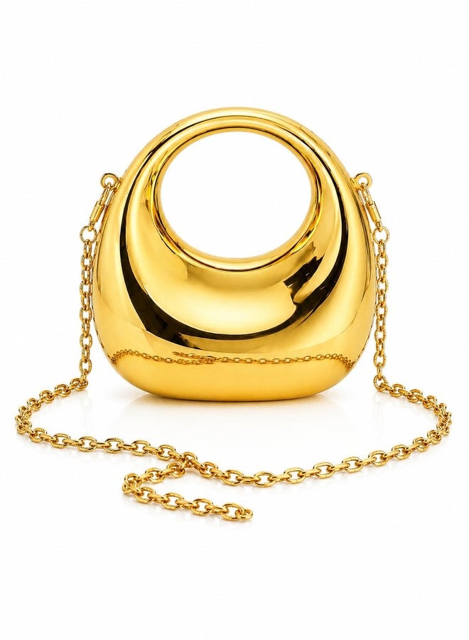 BLUSHARK Metallic Crescent Shape Clutch Sling Bag | Fashionable Pale Gold | Mirror Finish with Detachable Gold Chain Strap | Stylish Evening Handbag for Girls & Women | Perfect for Party & Weddings - Image 1