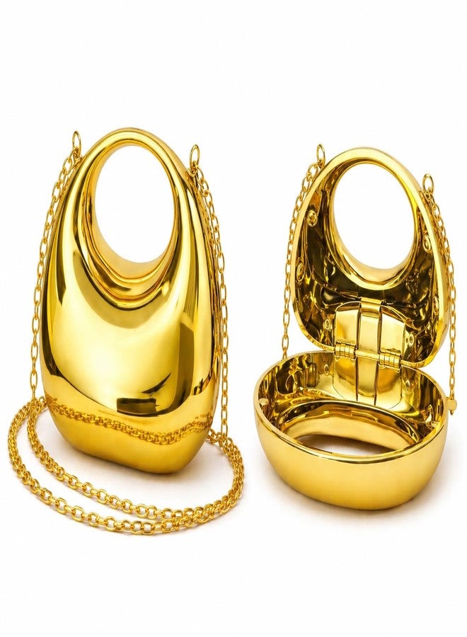 BLUSHARK Metallic Crescent Shape Clutch Sling Bag | Fashionable Pale Gold | Mirror Finish with Detachable Gold Chain Strap | Stylish Evening Handbag for Girls & Women | Perfect for Party & Weddings - Image 2