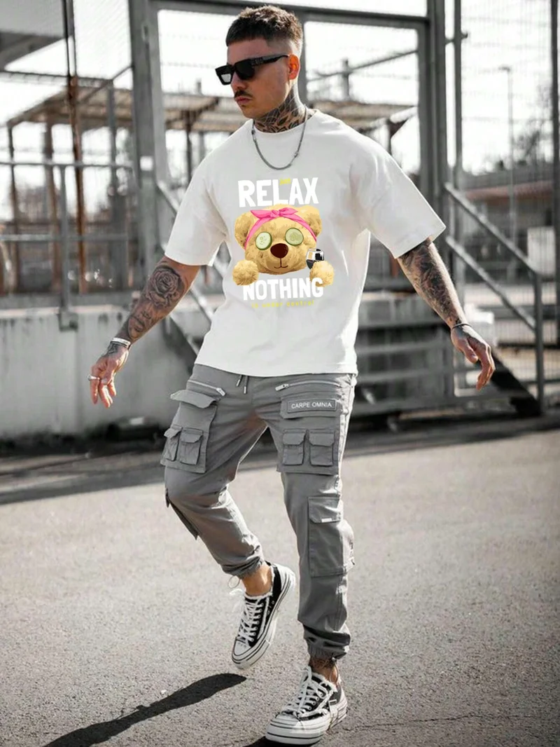 دوغ فش Men's Printed White Crew Neck Oversize Teddy Salas T-Shirt