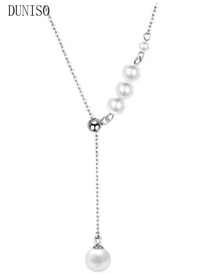 DUNISO Pearl Necklace 925 Sterling Silver Choker Necklace Silver Choker Chain Pearl Pendant Necklace Simple Necklace Chain Jewelry for Women Teen Girls - Image 5