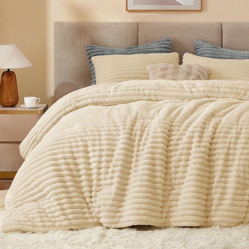 BEDELITE Fleece Queen Comforter Set -Super Soft & Warm Fluffy Beige Bedding, Luxury Fuzzy Heavy Bed Set for Winter with 2 Pillow Cases - Image 1
