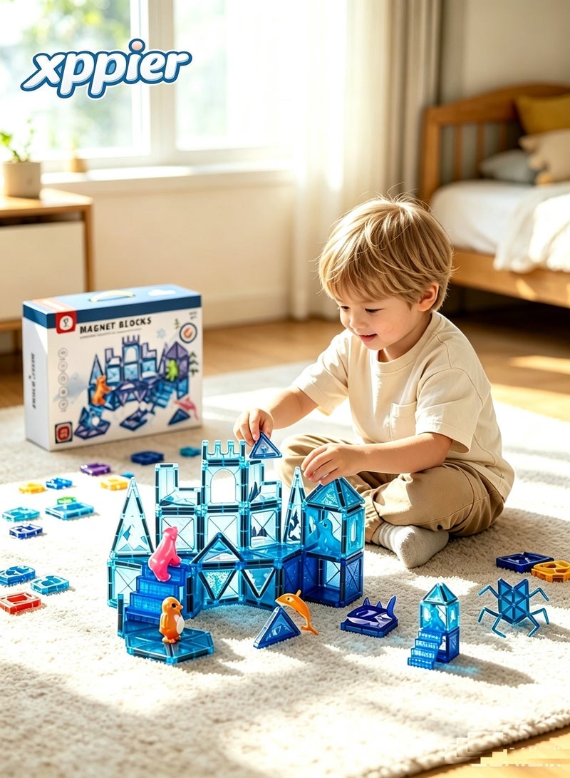 xppier 54pcs Animals Magnetic Tiles for Kids Ages 3-8, Aquarium Magnetic Building Set with 5 Sea Animals, Educational Magnet Blocks for School Toddlers, Building Blocks Toys, Birthday Xmas Gifts for kids Boys Girls 3-5 4-6 - Image 4
