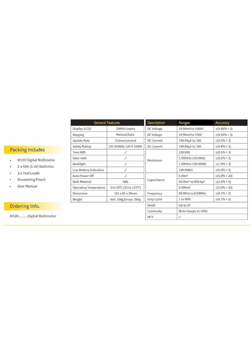 كينغ ماريوت جهاز قياس رقمي متعدد M120 | صحيح RMS | 1000 فولت | نطاق يدوي/تلقائي | تصنيف الأمان CAT III 600V | كاشف جهد عدم الاتصال | شاشات الكريستال السائل الخلفية - Image 3