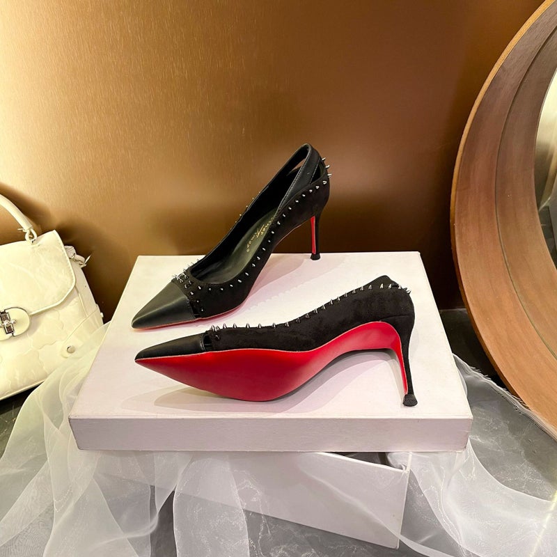 1529-20 Pointed-Toe Black Studded High-Heeled Shoes White Apricot Patent Leather Wedding Shoes Style Casual Fashion - Image 4