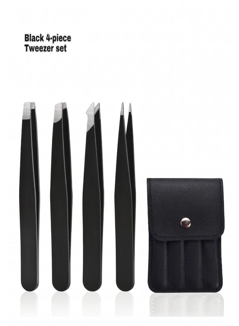 4-Piece Stainless Steel Black Tweezers Kit – Portable Eyebrow Shaping & Hair Removal Tool Set