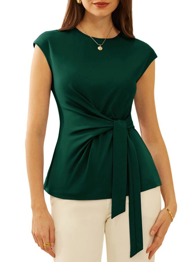 GRACE KARIN Dressy Blouses for Women Summer Business Elegant Tops Cap Sleeve Crewneck Blouse Dark Green XL - Image 1