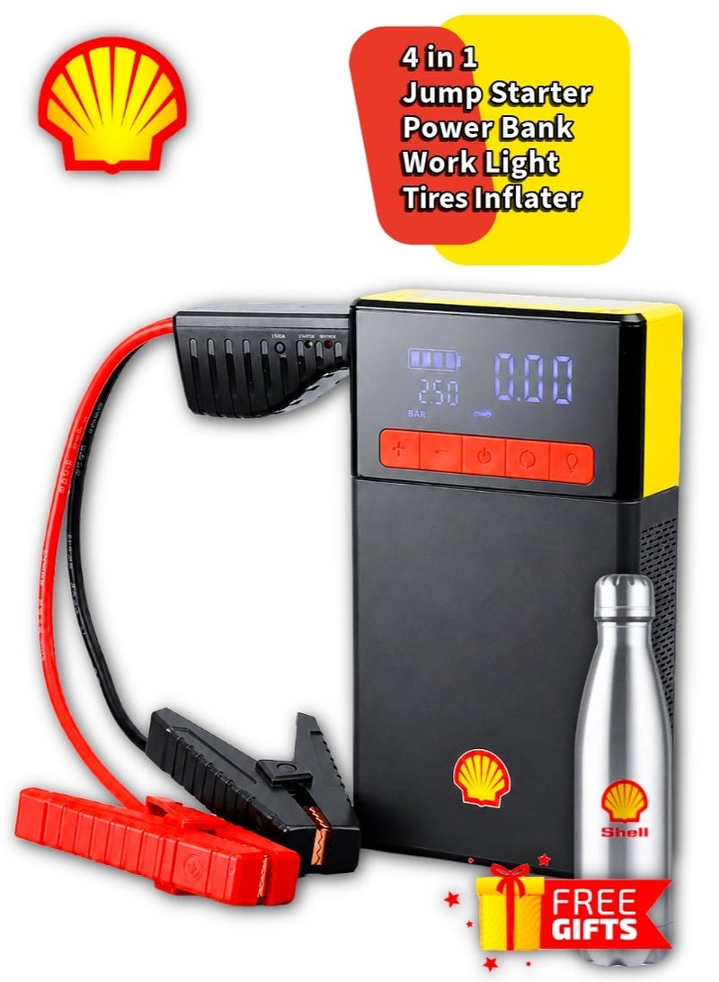 Shell automotive Shell Car Jump Starter 1000A & Air Compressor 160PSI ,12V Battery Booster with LED Light, Type-C PD Fast Charging, Jump for 6.0L Gas/3.0L Diesel – Portable Power Bank 16000mAh - Image 1