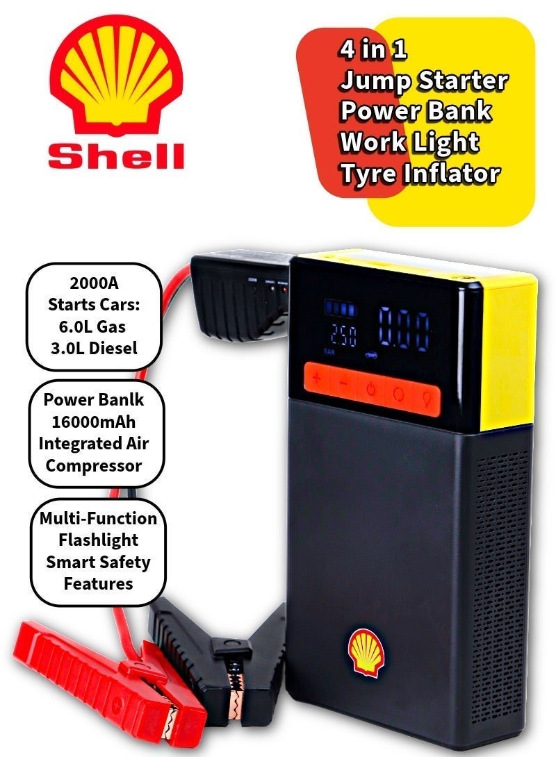 Shell automotive Shell Car Jump Starter 1000A & Air Compressor 160PSI ,12V Battery Booster with LED Light, Type-C PD Fast Charging, Jump for 6.0L Gas/3.0L Diesel – Portable Power Bank 16000mAh - Image 2