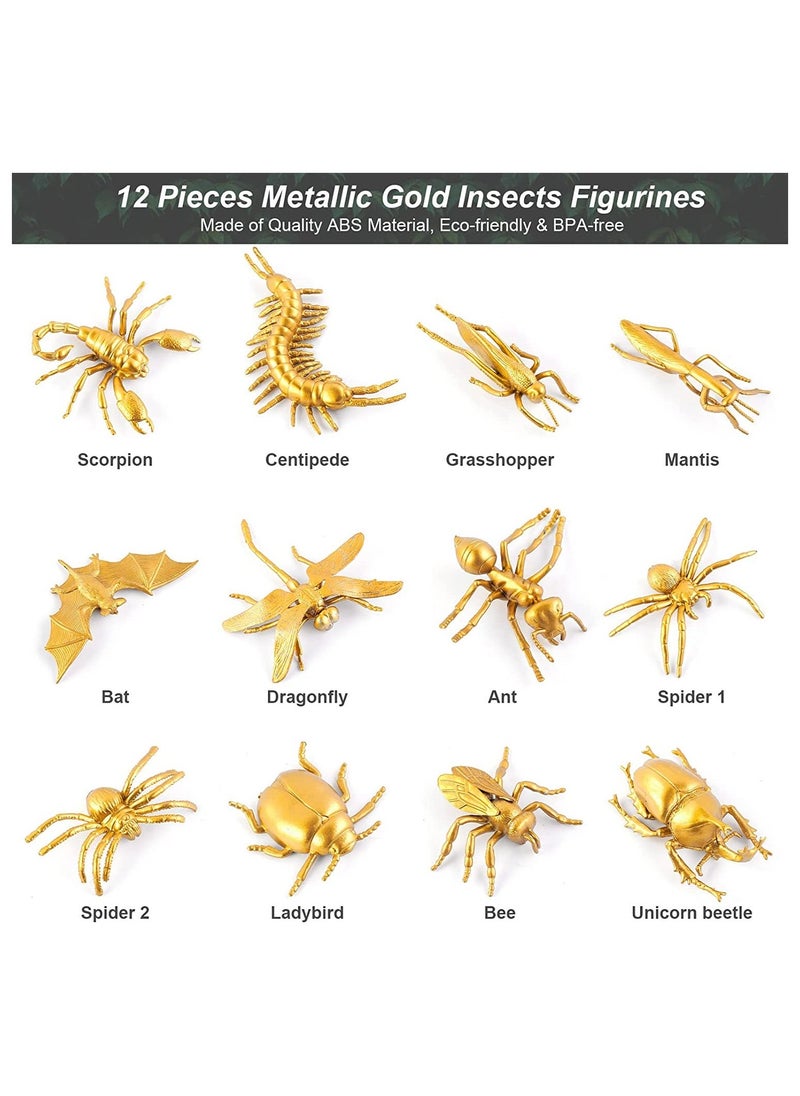 Generic - 12 Pieces Metallic Gold Plastic Insects Figurines Toys Realistic Insects Bugs Toys Animal Figurines Decor for Farm Circus Jungle Safari Insects Themed Birthday Party - Image 1