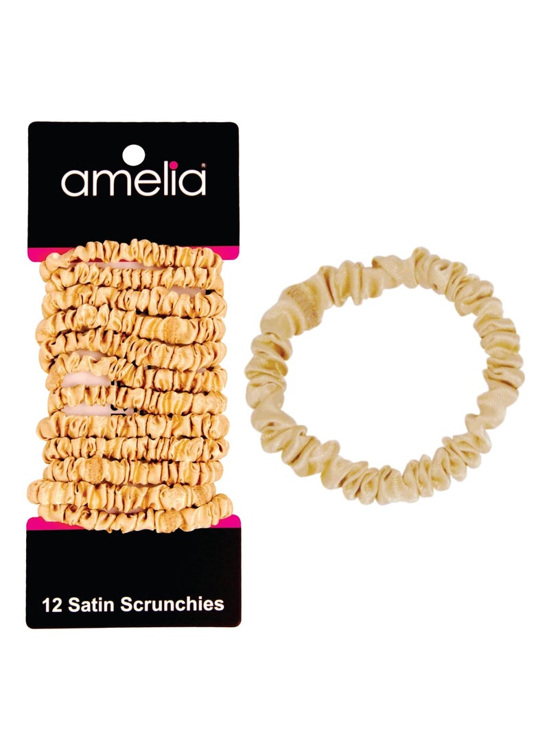 Amelia Beauty Products - Amelia Beauty, Tan, Skinny Satin Scrunchies, 12 Pack – 2in Diameter, Gentle & Strong Hold, No-Snag, No-Dent, Crease-Free Hair Ties - Image 1