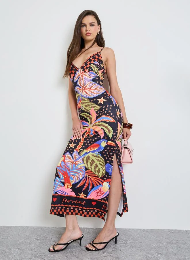 تايك تو Multi-Color Graphic Print Side Slit Strappy Bodycon Dress