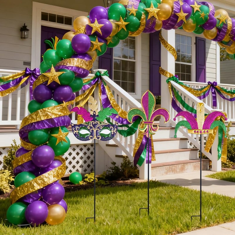 hogardeck Mardi Gras Outdoor Decorations, Set of 3 Metal 36" Decorative Garden Stakes with Mask Fleur-de-lis Jester's Hat for Mardi Gras Decor, Glitter Yard Sign for Outside Lawn Porch Backyard Party - Image 5