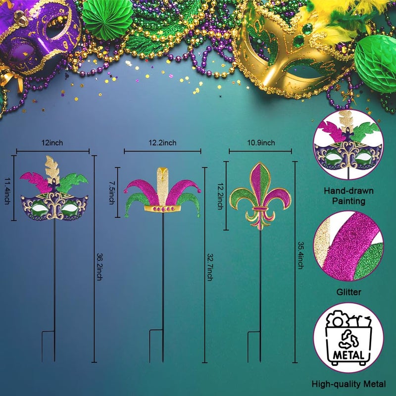 hogardeck Mardi Gras Outdoor Decorations, Set of 3 Metal 36" Decorative Garden Stakes with Mask Fleur-de-lis Jester's Hat for Mardi Gras Decor, Glitter Yard Sign for Outside Lawn Porch Backyard Party - Image 2