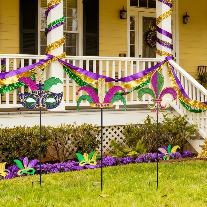 hogardeck Mardi Gras Outdoor Decorations, Set of 3 Metal 36" Decorative Garden Stakes with Mask Fleur-de-lis Jester's Hat for Mardi Gras Decor, Glitter Yard Sign for Outside Lawn Porch Backyard Party - Image 4