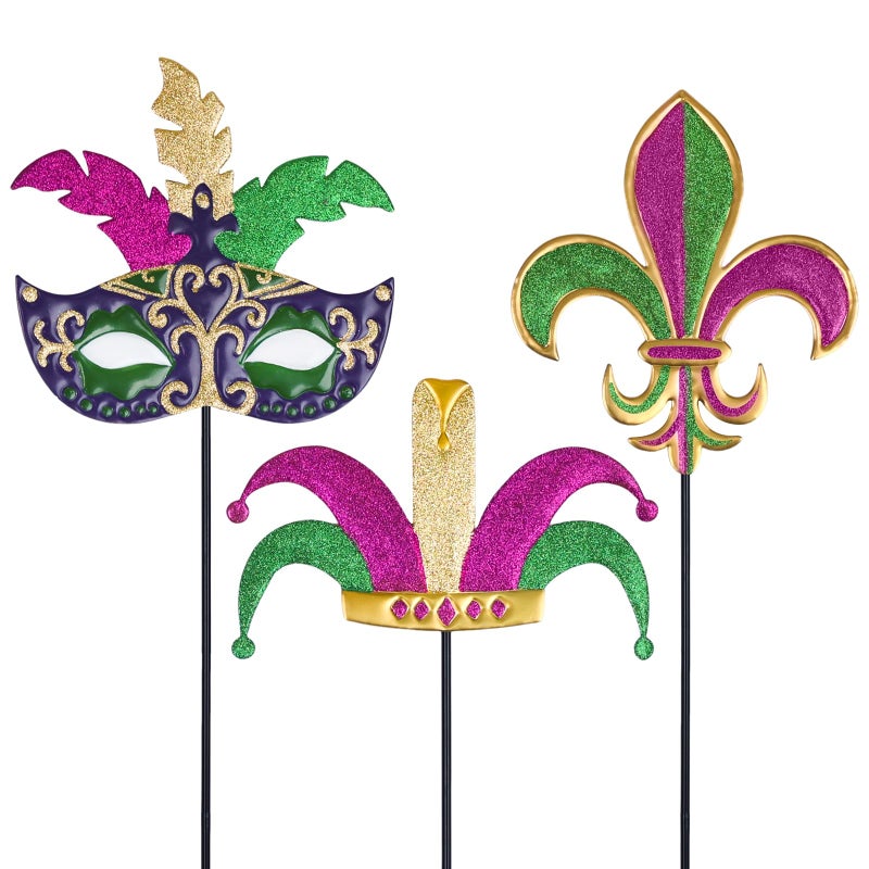 hogardeck Mardi Gras Outdoor Decorations, Set of 3 Metal 36" Decorative Garden Stakes with Mask Fleur-de-lis Jester's Hat for Mardi Gras Decor, Glitter Yard Sign for Outside Lawn Porch Backyard Party - Image 1