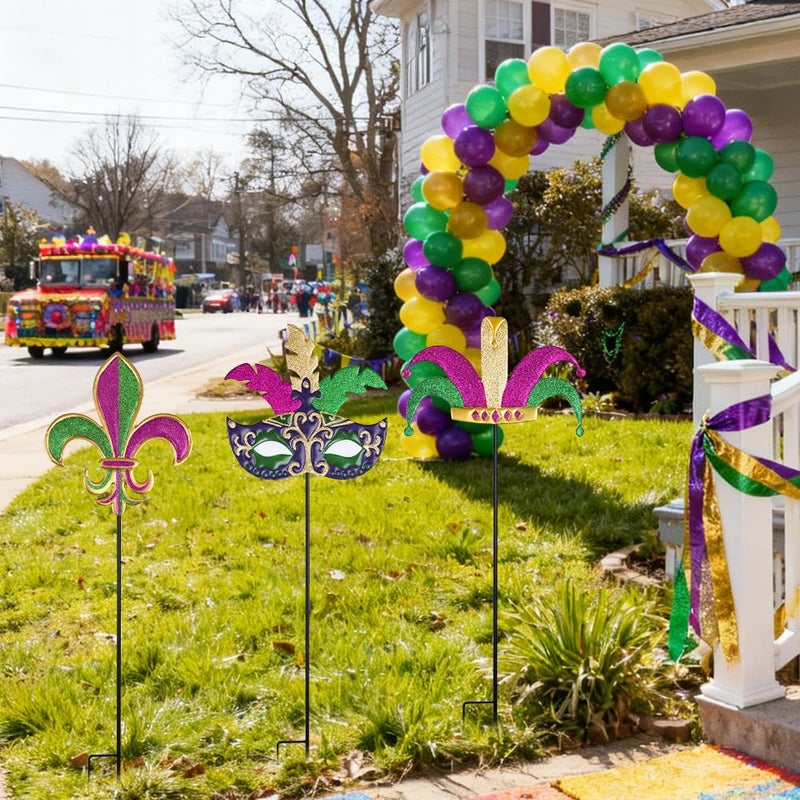 hogardeck Mardi Gras Outdoor Decorations, Set of 3 Metal 36" Decorative Garden Stakes with Mask Fleur-de-lis Jester's Hat for Mardi Gras Decor, Glitter Yard Sign for Outside Lawn Porch Backyard Party - Image 3