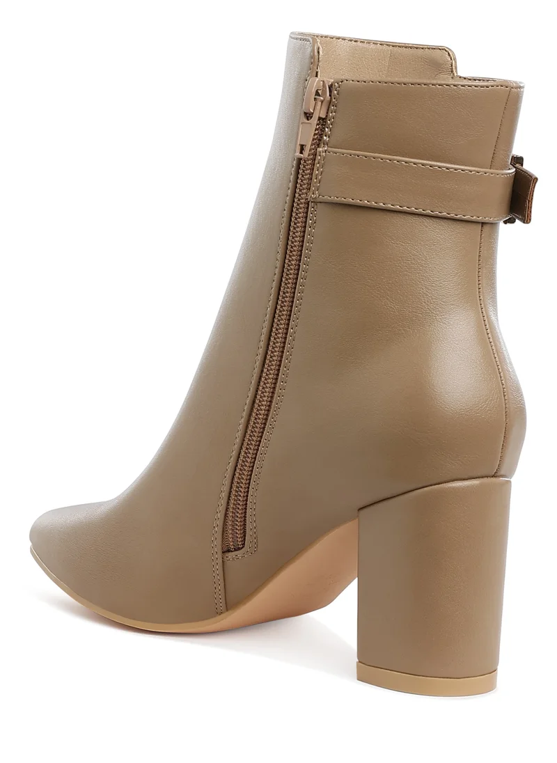 London Rag Belt Detail Block Heel Boots in Taupe