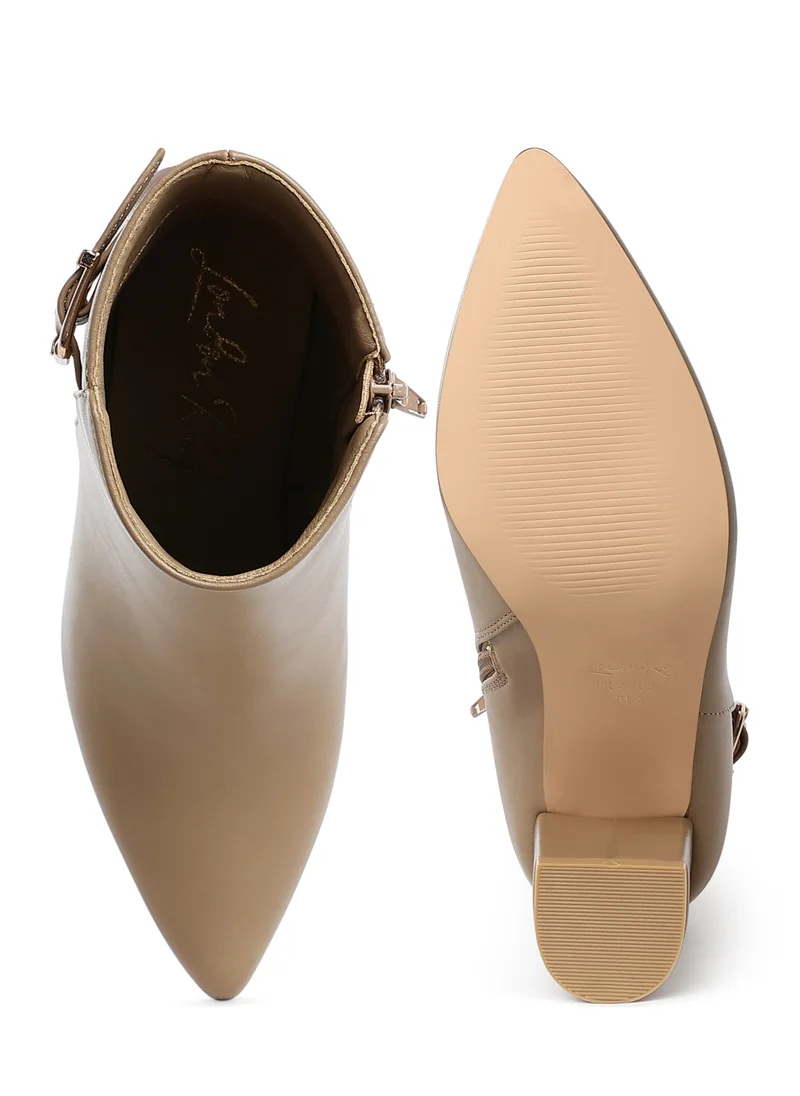 London Rag Belt Detail Block Heel Boots in Taupe