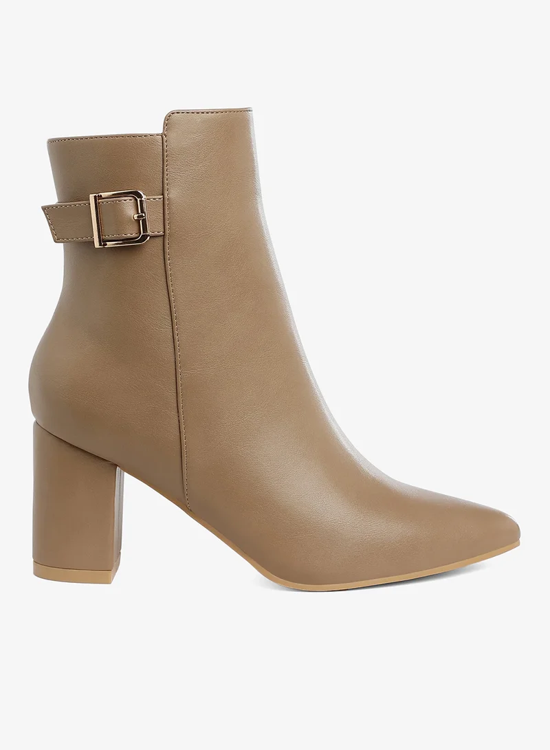 Belt Detail Block Heel Boots in Taupe