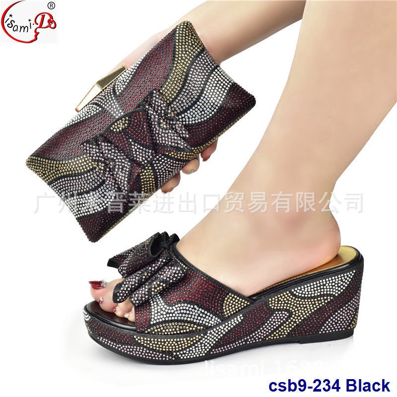 Party Crushed Diamond Collage Pattern Round Toe Matte Tie High Heel Sandals With Paste Diamond Handbag Set - Image 2
