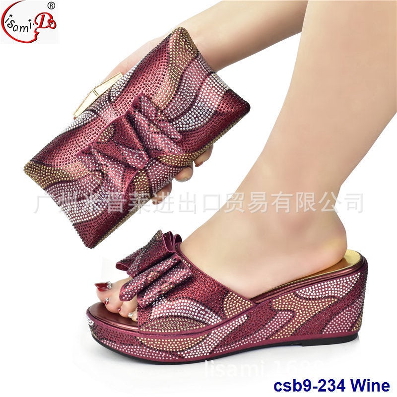 Party Crushed Diamond Collage Pattern Round Toe Matte Tie High Heel Sandals With Paste Diamond Handbag Set - Image 3