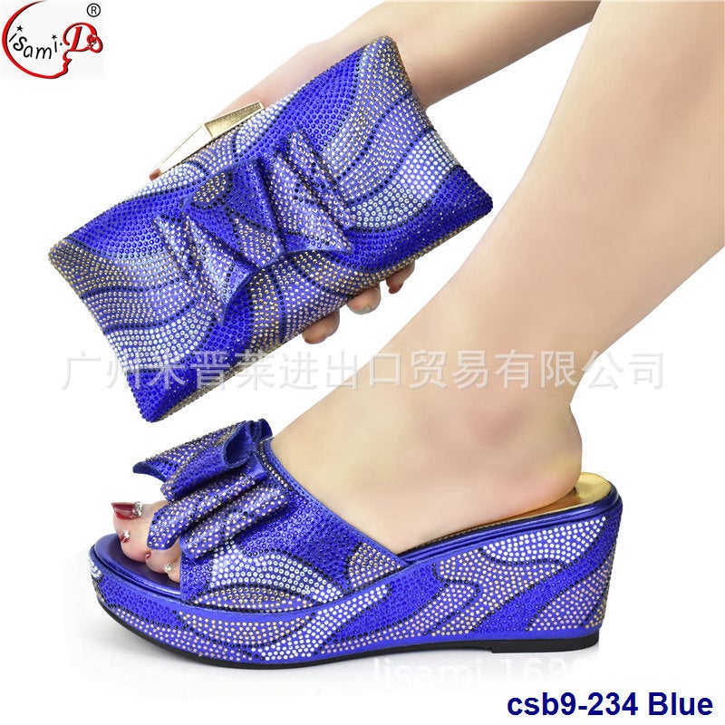 Party Crushed Diamond Collage Pattern Round Toe Matte Tie High Heel Sandals With Paste Diamond Handbag Set - Image 4