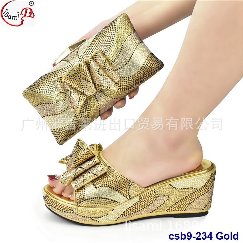 Party Crushed Diamond Collage Pattern Round Toe Matte Tie High Heel Sandals With Paste Diamond Handbag Set - Image 5