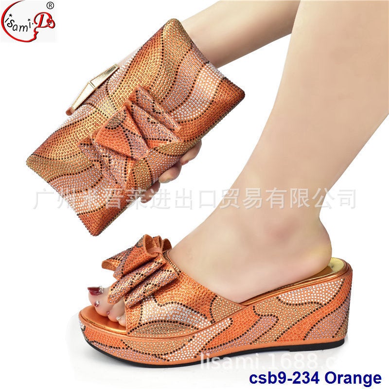 Party Crushed Diamond Collage Pattern Round Toe Matte Tie High Heel Sandals With Paste Diamond Handbag Set - Image 1