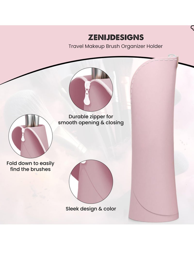 Excefore Travel Makeup Brush Organizer Holder, Silicon Makeup Brush Case, Cute Travel Make Up Brush Holder For Women, Self Standing for Makeup Brushes and Small Cosmetics, Washable (Pink) - Image 3