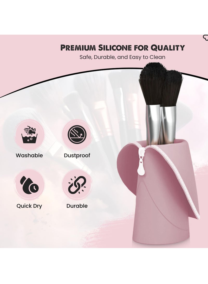 Excefore Travel Makeup Brush Organizer Holder, Silicon Makeup Brush Case, Cute Travel Make Up Brush Holder For Women, Self Standing for Makeup Brushes and Small Cosmetics, Washable (Pink) - Image 2