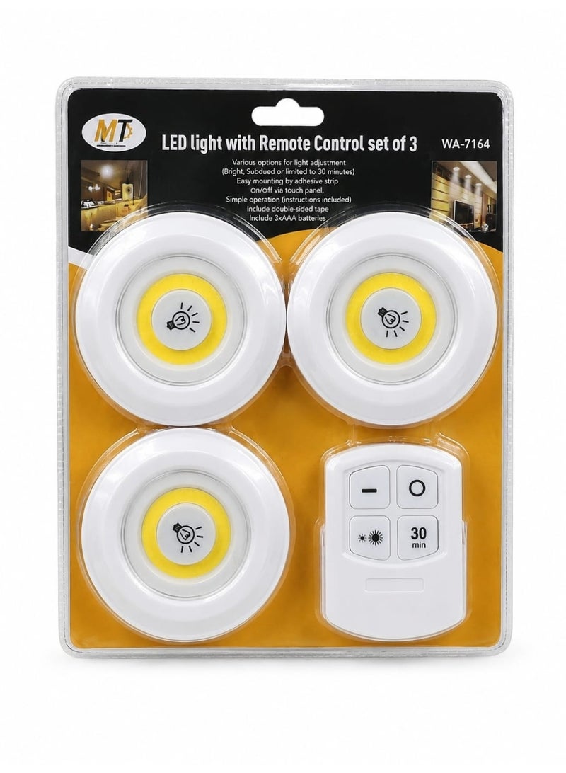 MT Set of 3 Round LED Lights with Remote Control, Touch Switch, 30-Minute Timer & Double-Sided Tape - Image 2