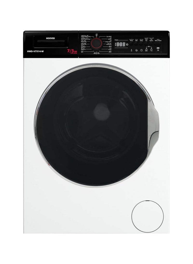 هوفر غسالة ومجفف HWD-V7514-W سعة 7/5 كجم، 1400 دورة في الدقيقة، 15 برنامج، لوحة تحكم دوارة ولمسية، حماية من الفيضانات والرغوة، أسطوانة من الفولاذ المقاوم للصدأ، صنع في تركيا، ضمان لمدة سنة، أبيض - Image 1