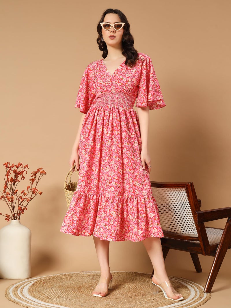 KZULLY | Beautiful Floral Pattern & Flared Sleeve | Print Midi Dress | Eye-Catching Design | Perfect for Casual, Office Flattering Fit and Soft, Comfortable Fabric - Image 3