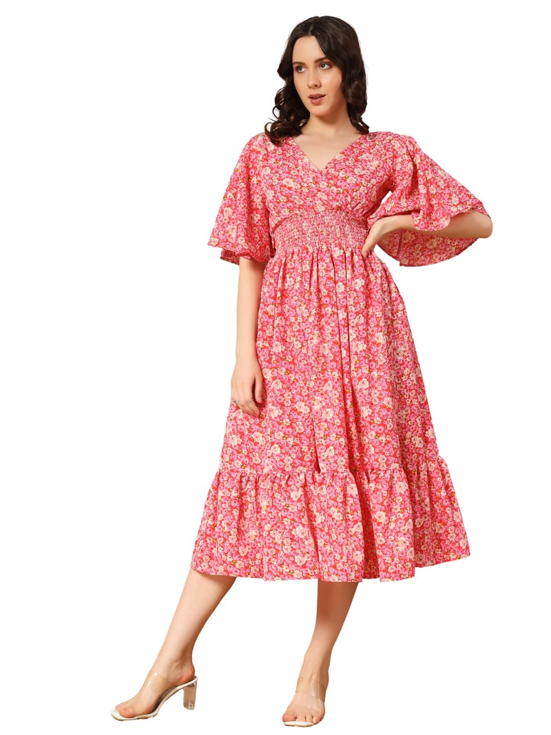 KZULLY | Beautiful Floral Pattern & Flared Sleeve | Print Midi Dress | Eye-Catching Design | Perfect for Casual, Office Flattering Fit and Soft, Comfortable Fabric - Image 1