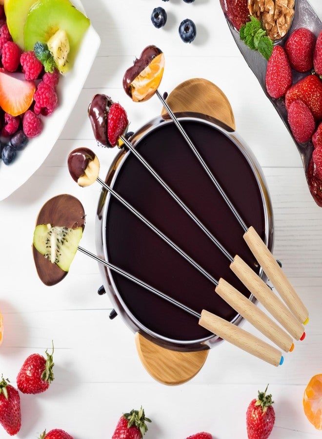 6 قطع من شوكات الفوندو المصنوعة من الفولاذ المقاوم للصدأ بطول 9.5 بوصة، مزودة بمقابض خشبية مقاومة للحرارة ومُرمزة بالألوان، مثالية لنافورة الشوكولاتة، وتحميص المارشميلو، وشواء اللحوم، والحلويات، والشواء. - Image 3