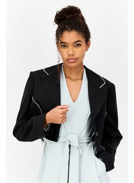 As You Women Regular Fit Diamante Trim Crop Blazer, Black  - Image 1