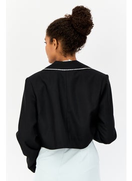 As You Women Regular Fit Diamante Trim Crop Blazer, Black  - Image 4
