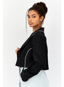 As You Women Regular Fit Diamante Trim Crop Blazer, Black  - Image 2