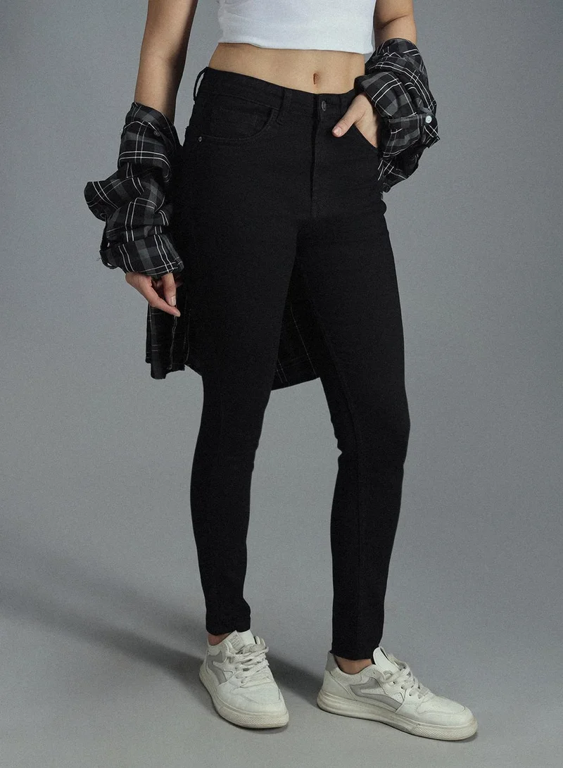 HIGH STAR Women's Black Cotton Blend Bleached Full Length Skinny Jeans