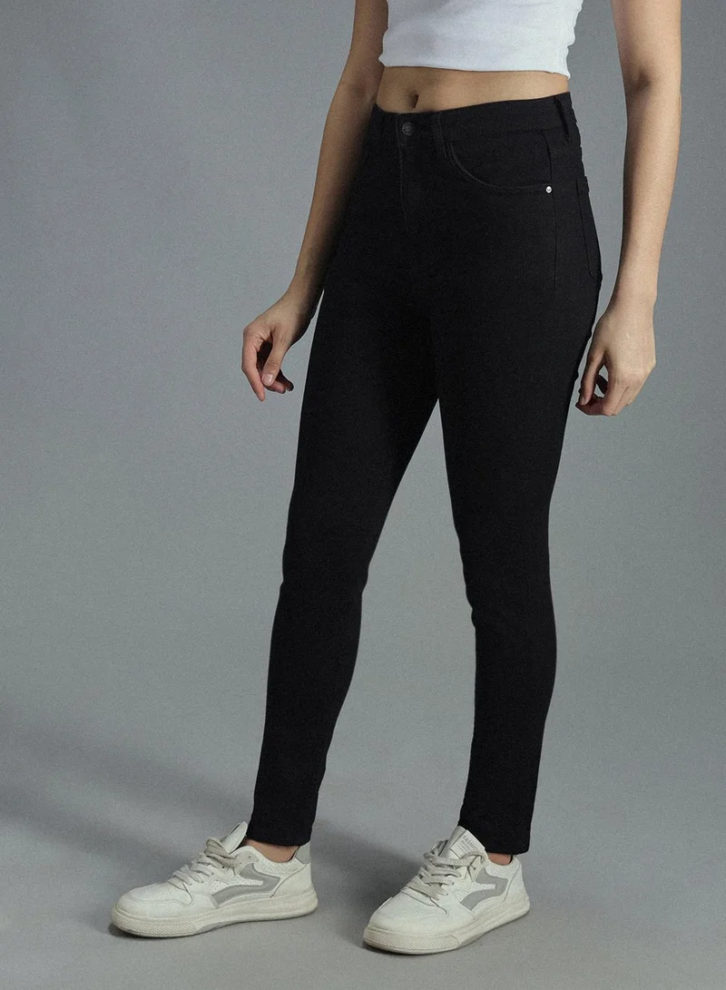 HIGH STAR Women's Black Cotton Blend Bleached Full Length Skinny Jeans