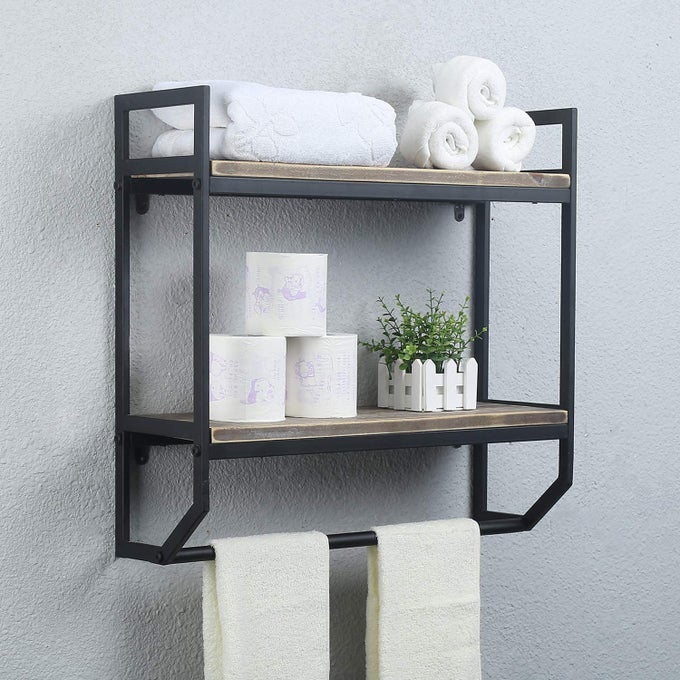 TOWEL RACK WITH TOWEL BAR2TIER 24 BATHROOM SHELVES WALL MOUNTEDRUSTIC WALL SHELF OVER TOILETUTILITY STORAGE SHELF RACKFLOATING SHELVES TOWEL HOLDERBLACK