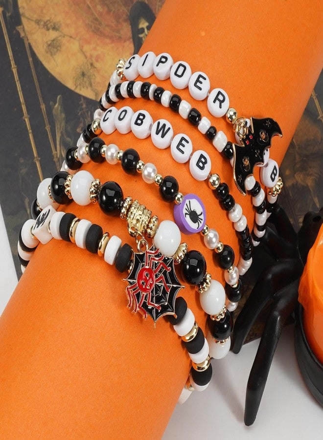 Lonext Halloween Bracelets Friendship Clay Preppy Heishi Spider Web Bat Charm Beads Stackable Bracelet for Women - Image 3
