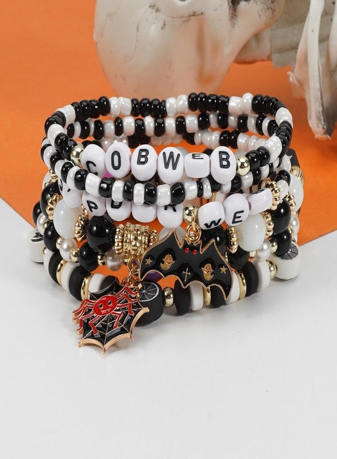 Lonext Halloween Bracelets Friendship Clay Preppy Heishi Spider Web Bat Charm Beads Stackable Bracelet for Women - Image 2