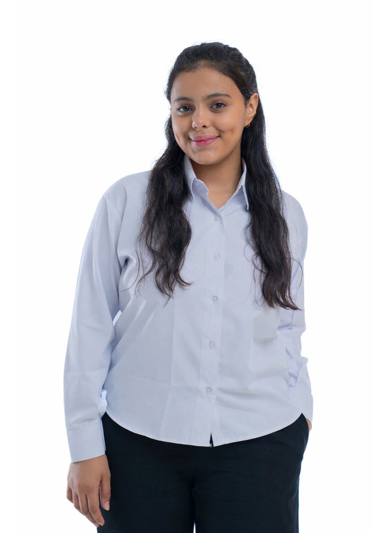مريول لارا بلوزة مدرسية بيضاء رسمية بناتي بأكمام طويلة – قماش مريح للزي المدرسي مع المريول أو التنورة - Image 1