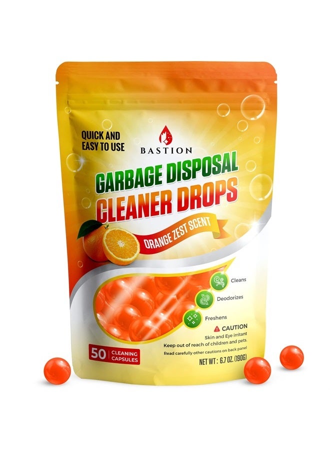 Bastion Garbage Disposal Cleaner and Deodorizer Drops- [[50-Count]] Orange Zest Scented Kitchen Sink Freshener Pods & Drain Odor Eliminator Disposer Care Balls by Bastion - Image 1