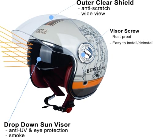 BEON Open Face Motorcycle Helmet for Adults, DOT Approved,Moped 3/4 Half Vespa Vintage Helmet with Dual Visors for Men and Women - Image 3